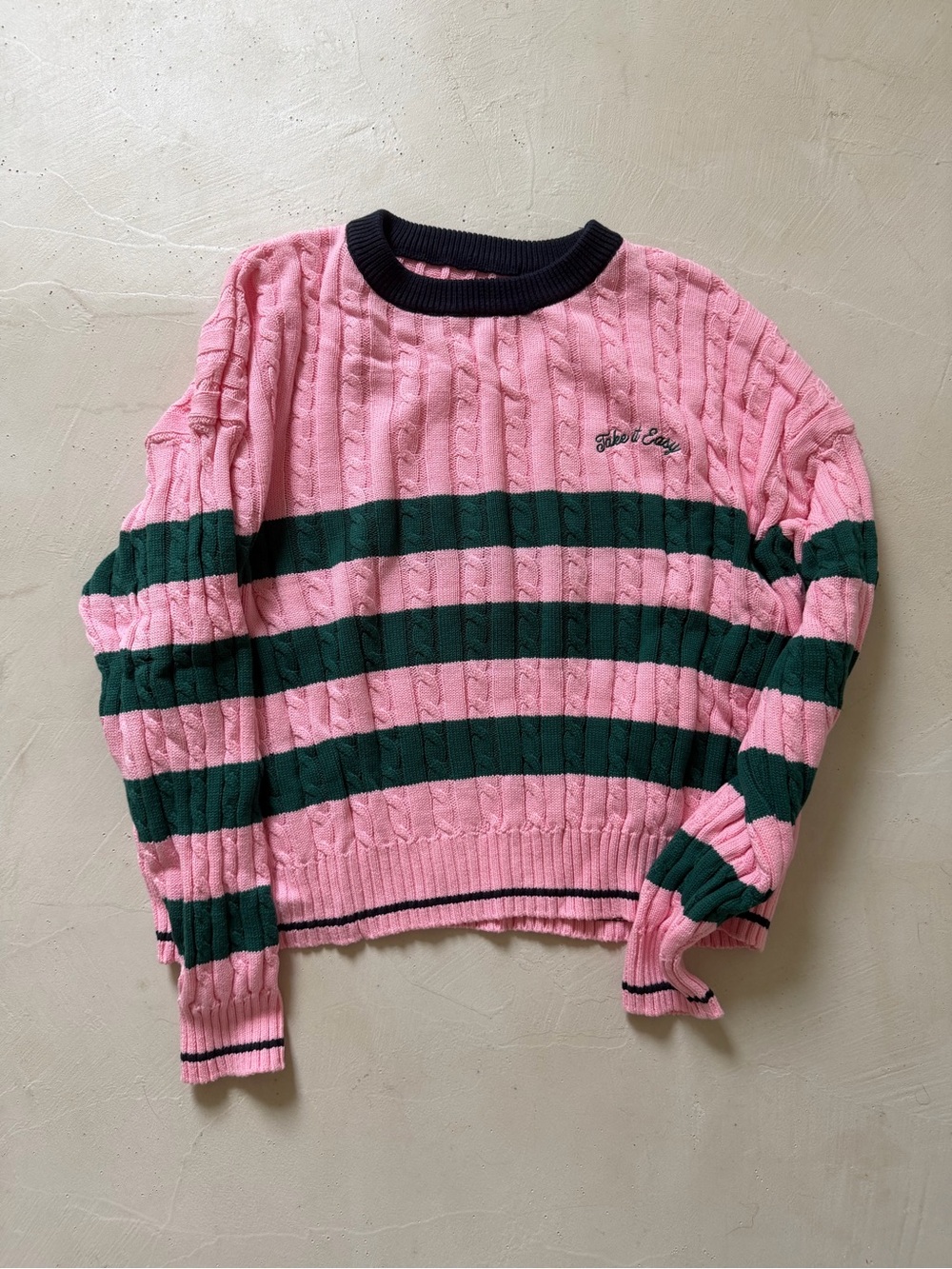 Pink Green Cable Knit Sweater with Navy Trim